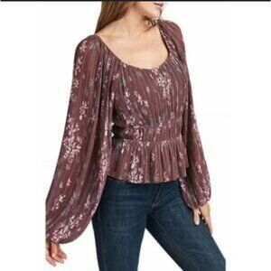 Les Serein Blouse Size XL Pleated Floral PinkBrown Fairy Whimsical Peasant BOHO